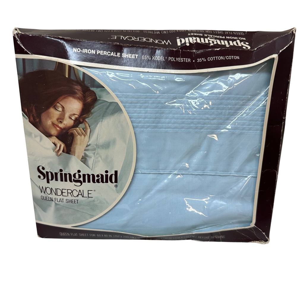 Springmaid Wondercale Queen Flat Sheet Light Blue Vintage No-Iron Percale NOS